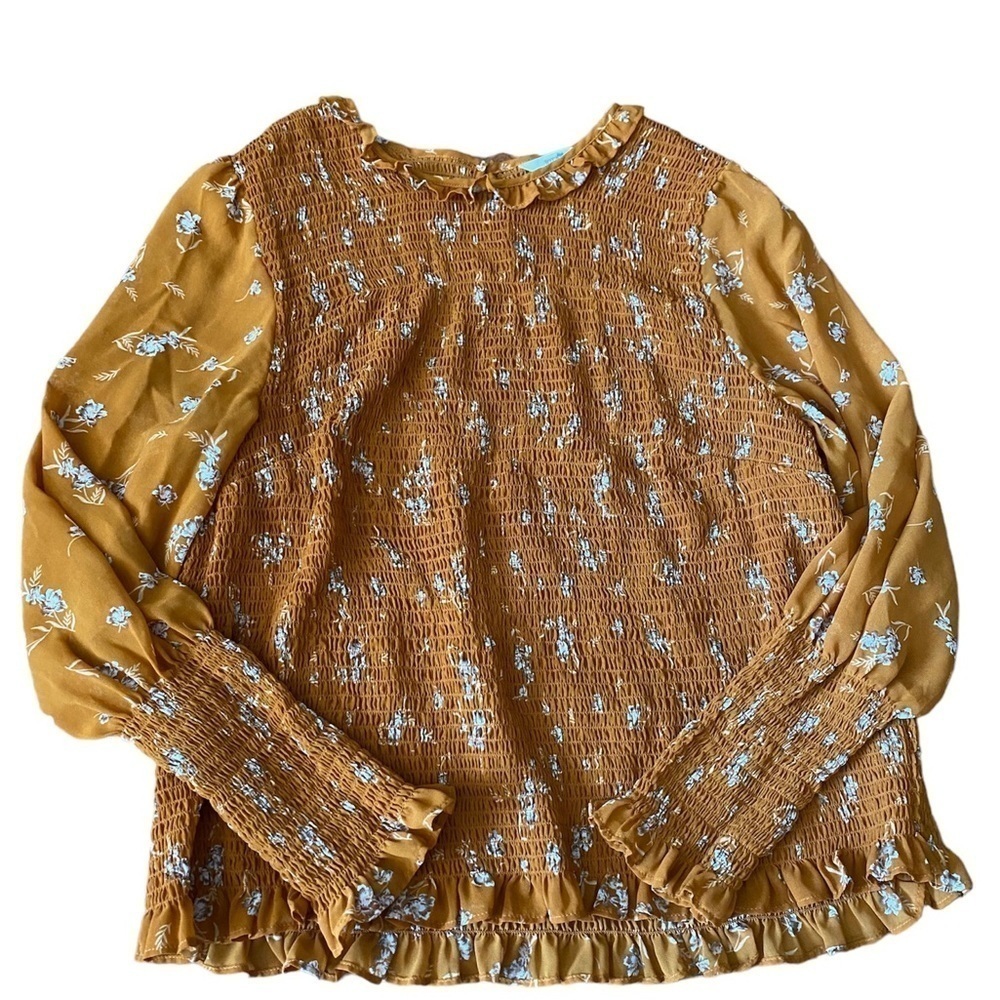 Terra and Sky Mustard Ruffled Scoop Neck Ruched Long Sleeve Blouse (size 2x)